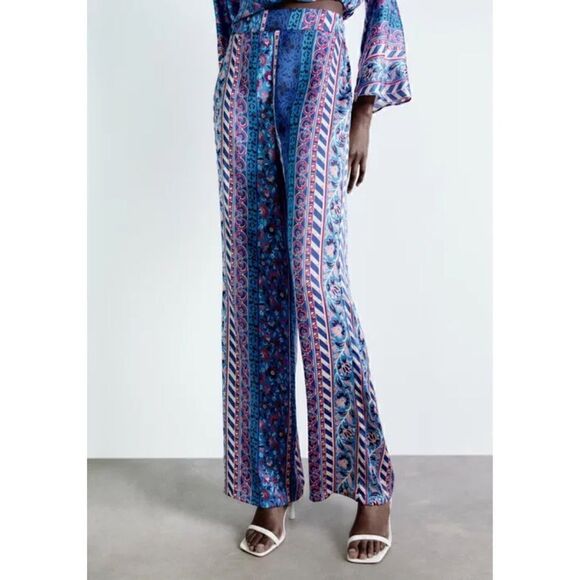 NWT Zara Satin Effect High Waisted Wide Leg Printed Pants, Size Medium - Picture 7 of 16